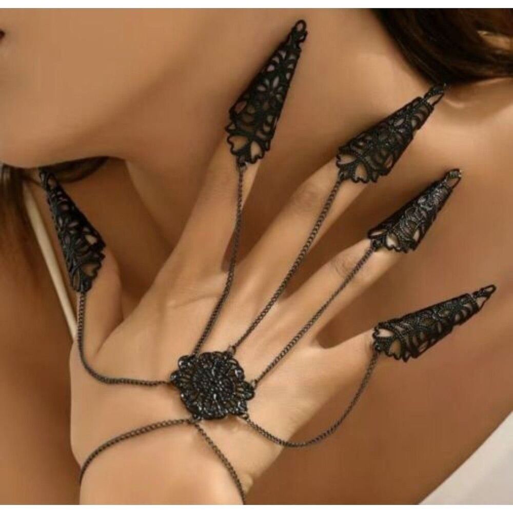 Halloween Gothic Black Armor Ring Bracelet Lace Pattern Punk Nightclub Jewelry
